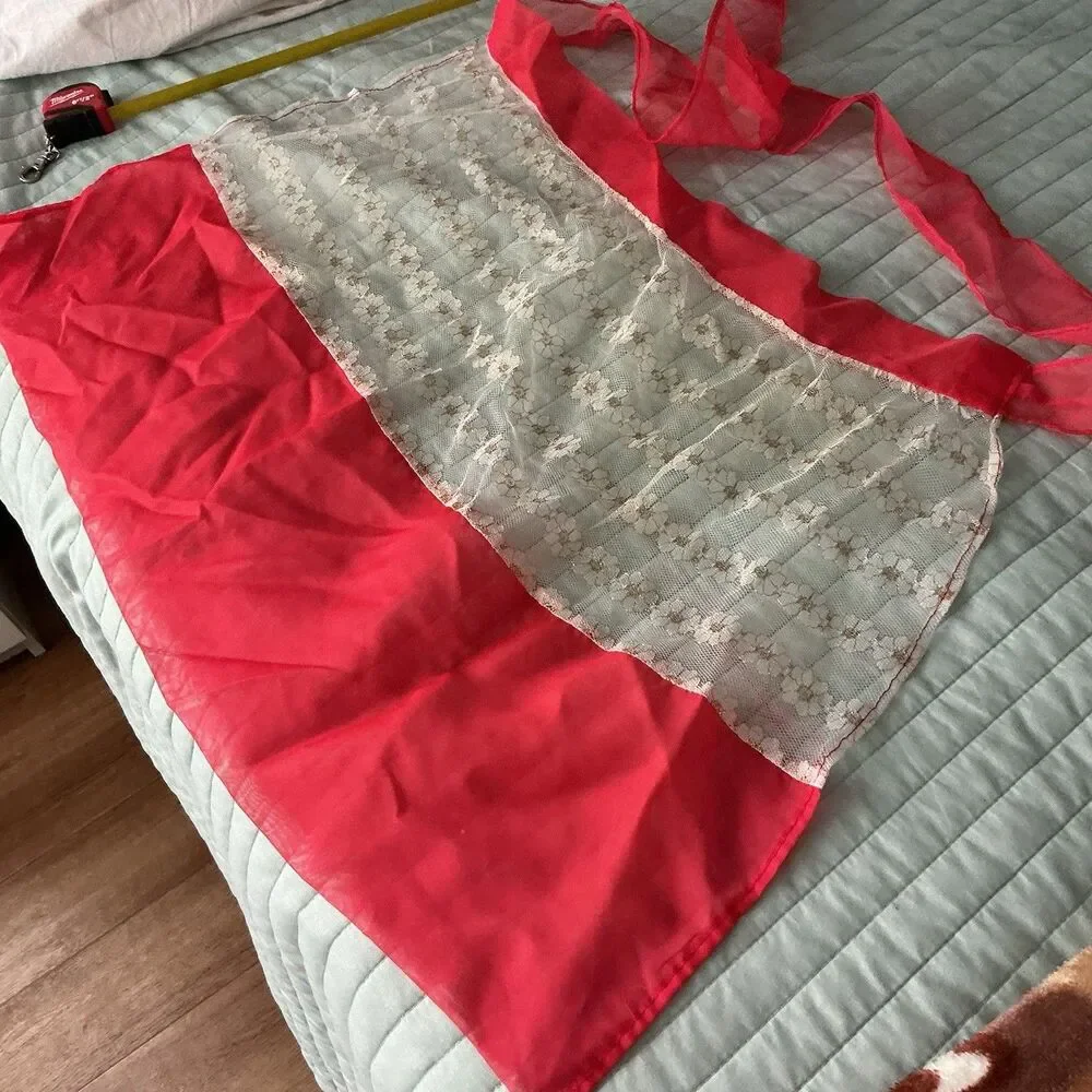 Vintage Red Sheer Hostess Apron White Floral Lace Overlay Retro 1950s 60” Tie